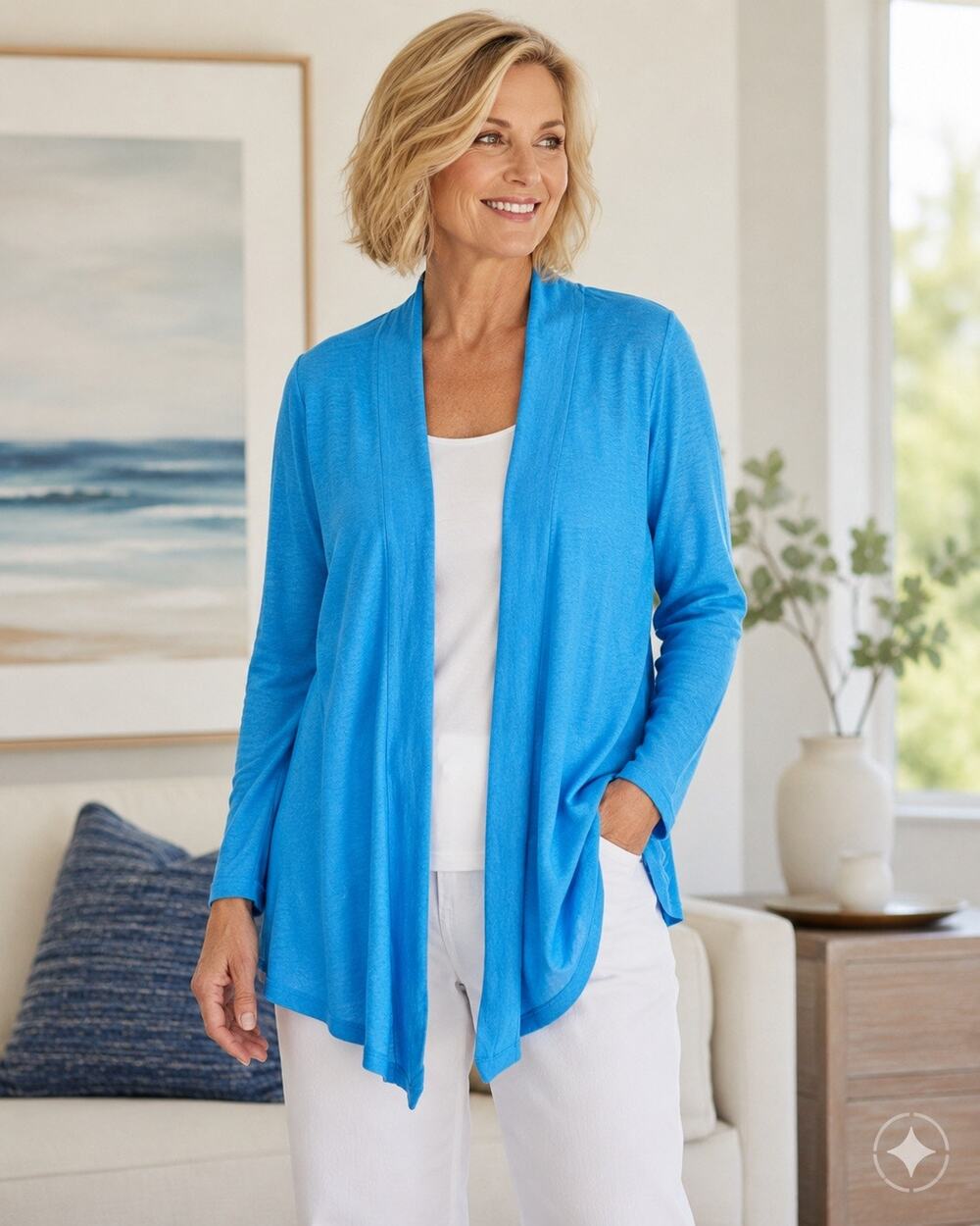 Chico’s Linen Cardigan Size 2 L Blue Open Front Coastal Lightweight Lagenlook